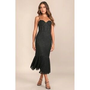Lulus Black Lace Corset Trumpet Midi Dress Size Small Sleeveless NWT